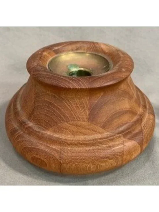 Vintage Dansk Staved Teak Candle Holder with Brass Insert - Picture 2 of 3